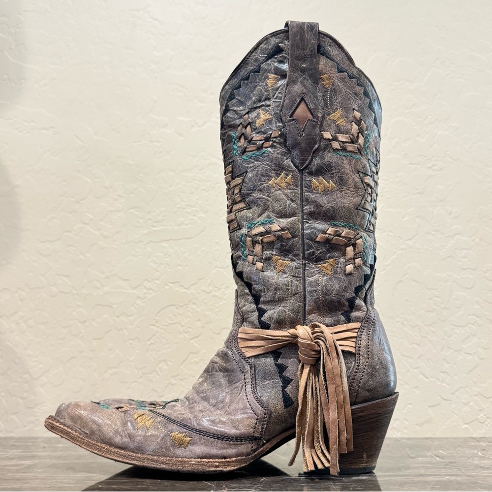 Corral Embroidered Woven Tassel Fringe Leather Cowboy Boots